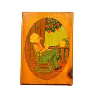 Delightful Picture of an Old Man in a Rocker Lacquered on Wood - Dated 1977